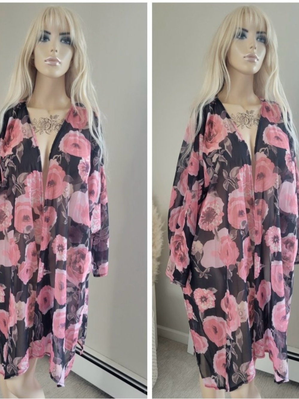 Sheer Black Kimono with Pink Floral Print